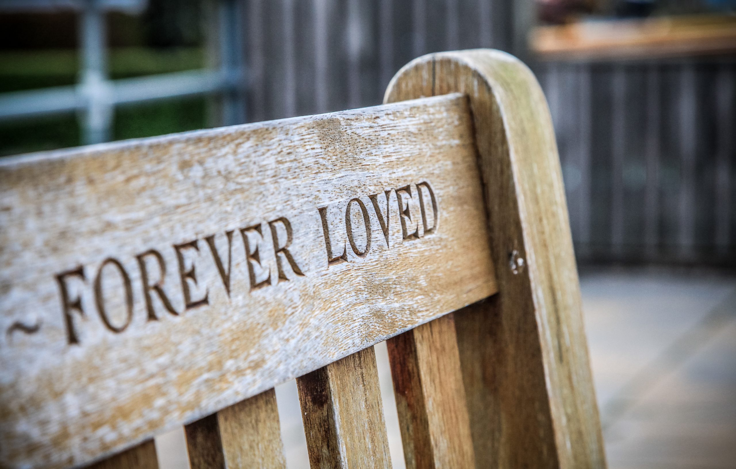 Wooden,Memorial,Bench,With,Forever,Loved,Carved,Into,The,Back